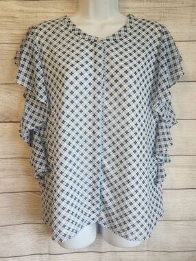Roz & Ali Top Small Ruffle Sleeve Sheer Blouse Geo Print Chic